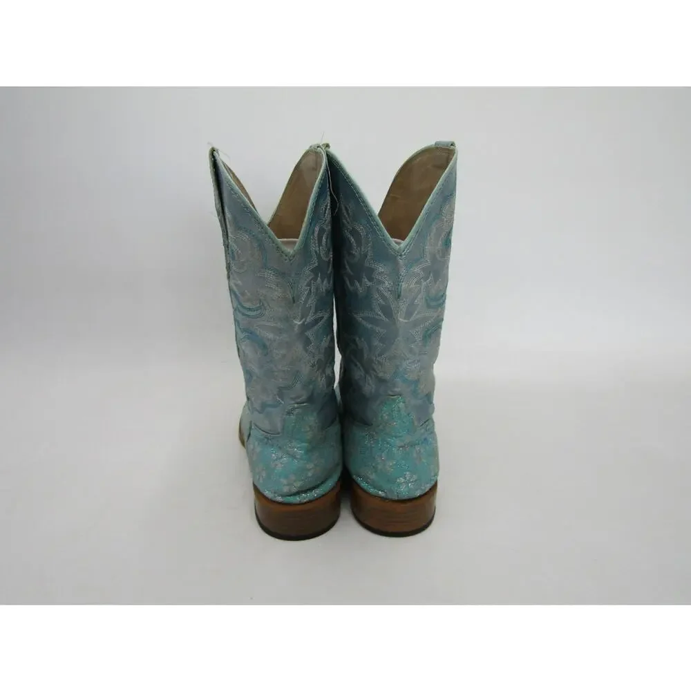 Roper Brand Little Kid Youth Sz 3 Metallic Turquoise Floral Glitter Cowboy Boot